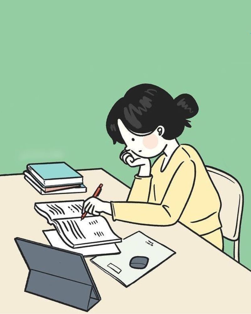 Hình vẽ chibi nữ học bài đơn giản