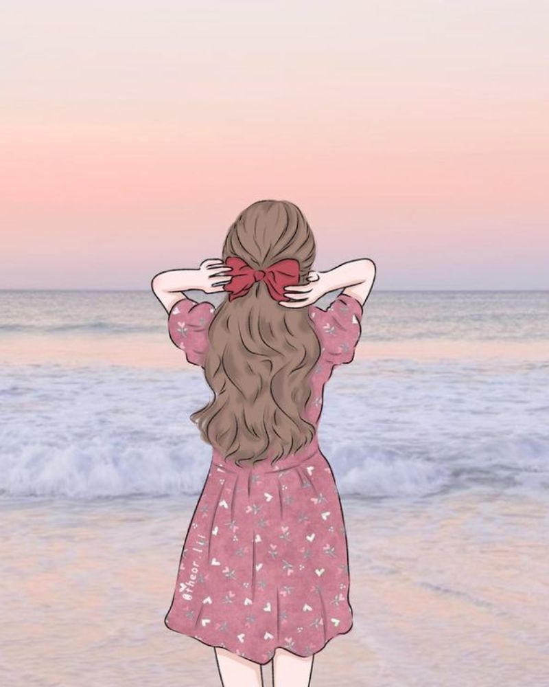 Tranh vẽ cô gái cute quay lưng ngắm biển