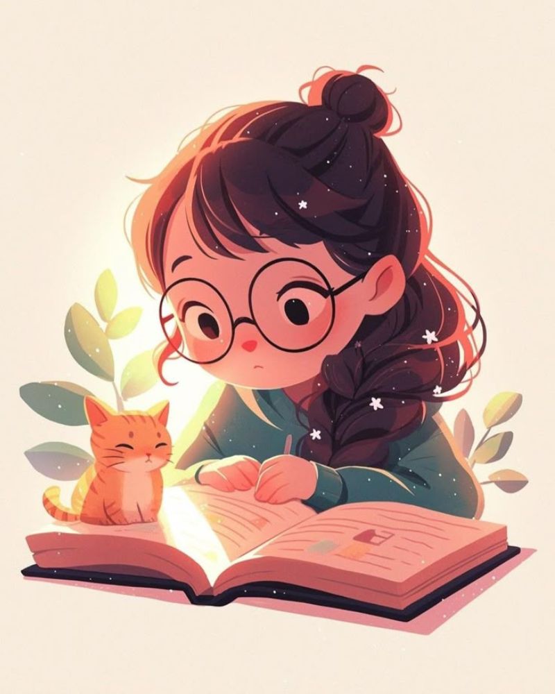 Tranh vẽ cute đáng yêu con gái học bài